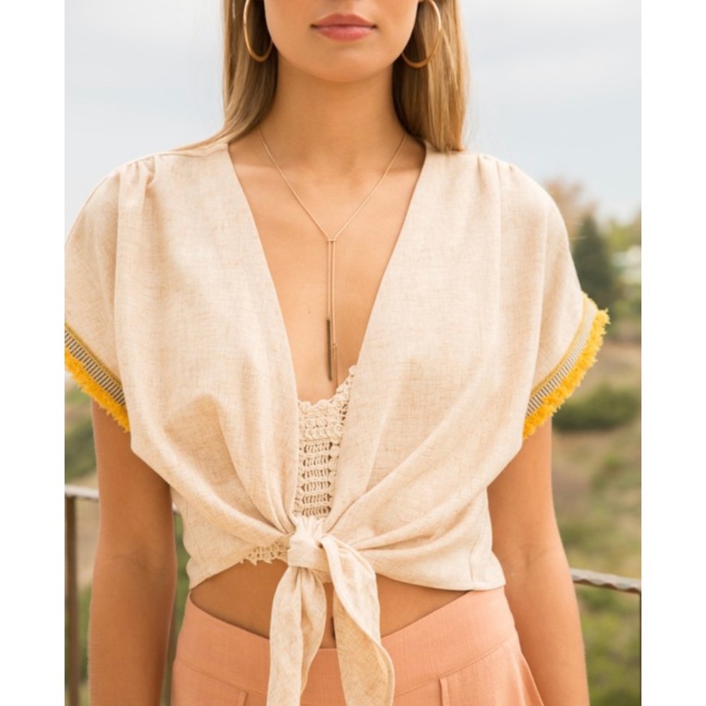 NEW Linen Tie Front Top in Oat/Mustard